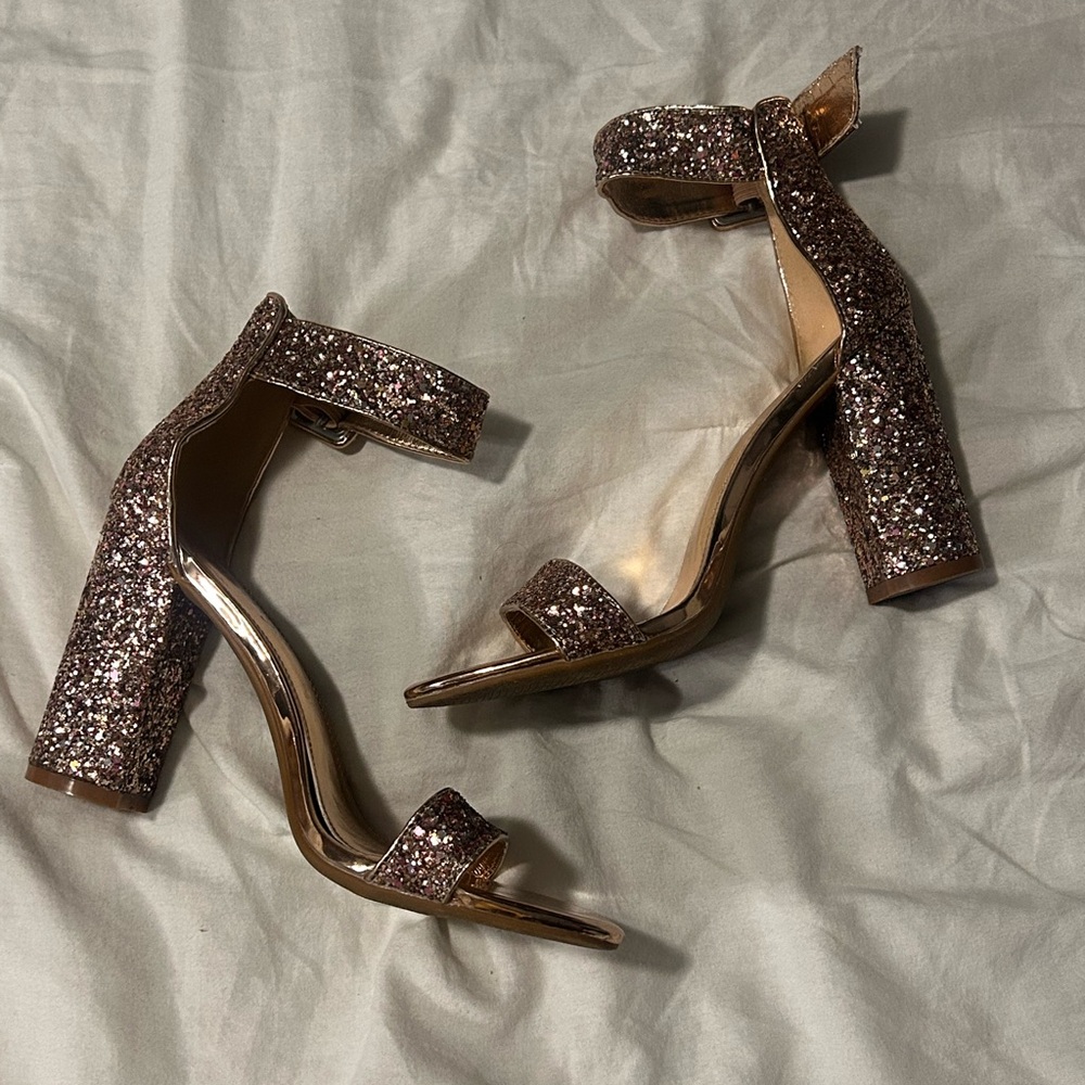 Herstyle Glitter Pink Block Heel Sandals - Gold and Brown
